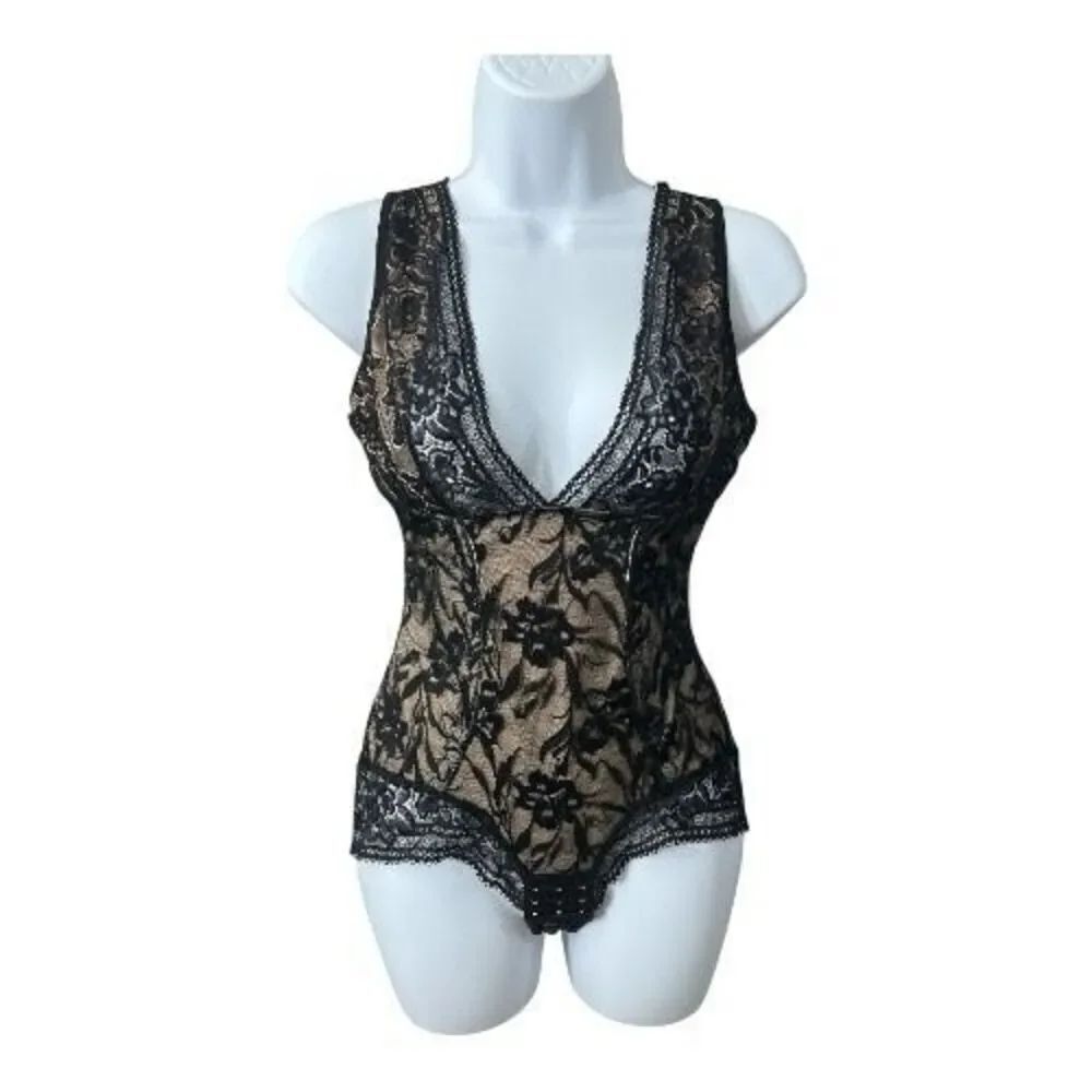 Larry Levine Shapewear Black Floral Lace Shaping Bodysuit Size XL V Neck
